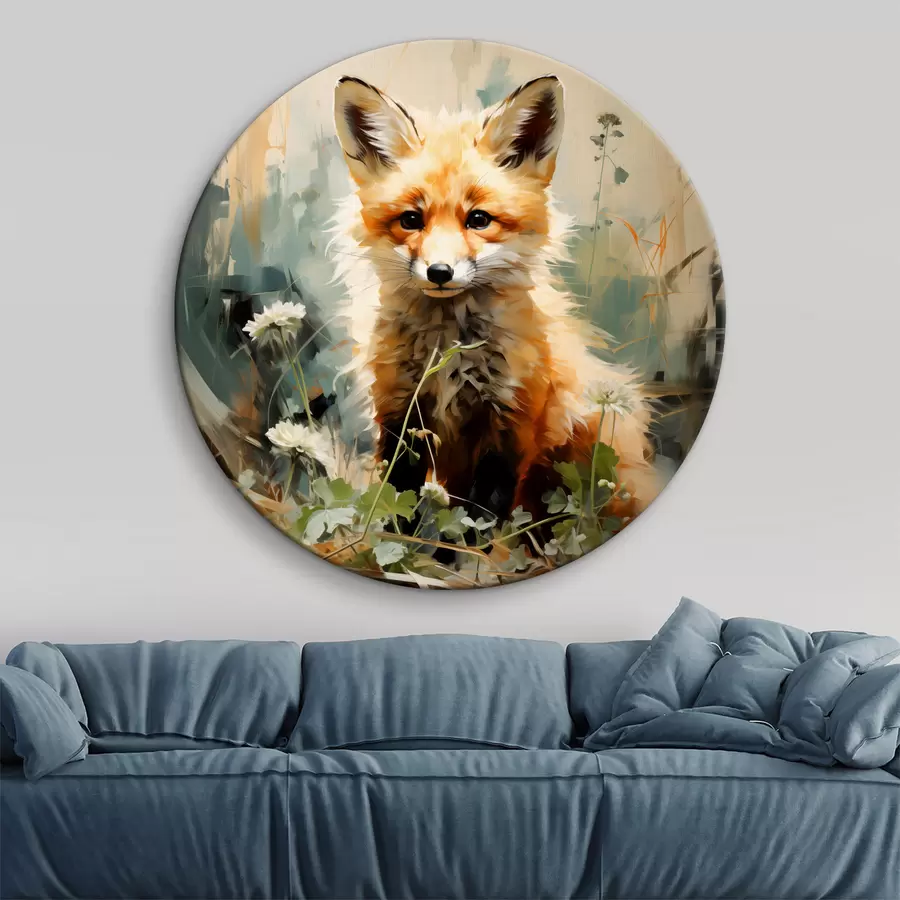 murales de pared Zorro rojo sentado en la hierba seca sobre una pintura al óleo de fondo verde r39191