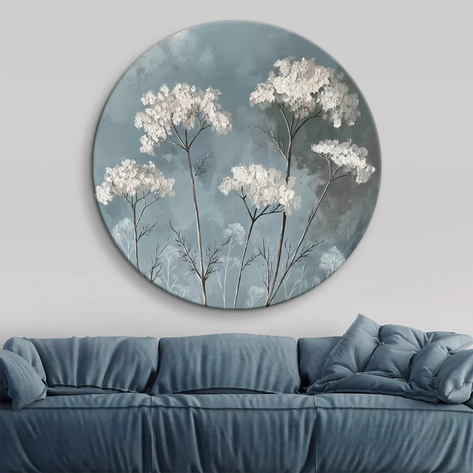 murales de pared pintura al óleo de delicadas flores blancas sobre un fondo azul r39325