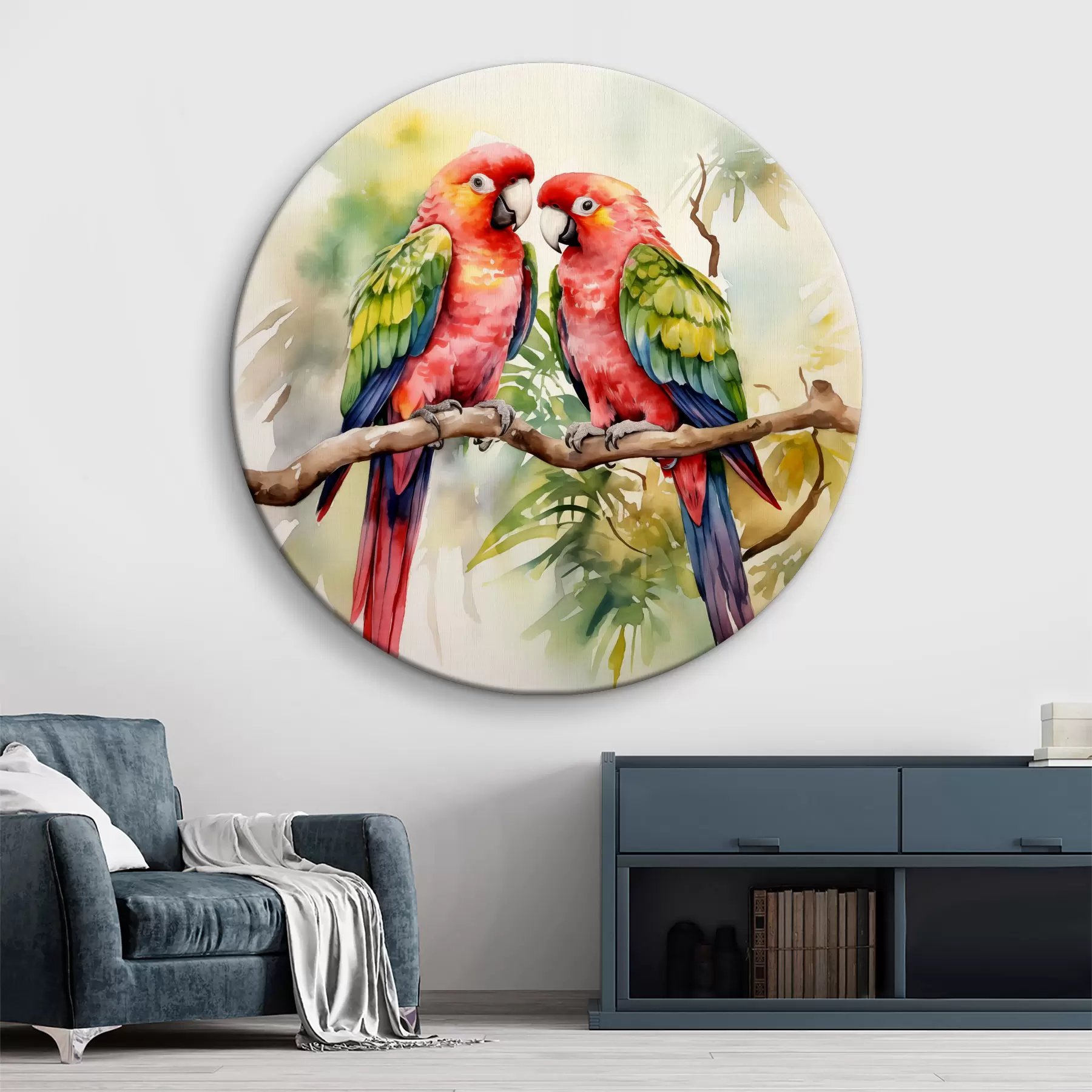 murales de pared Dos loros guacamayos brillantes sentados en una rama acuarela r39333
