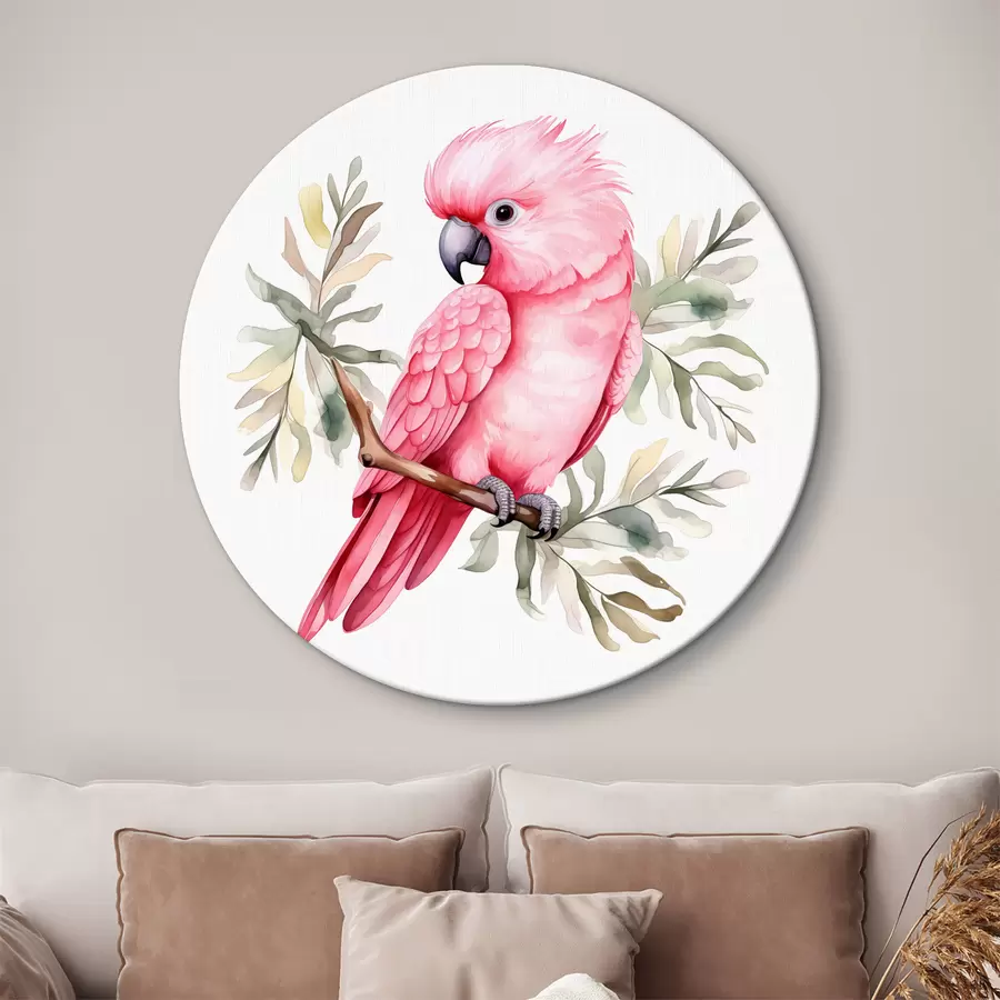 murales de pared Loro cacatúa rosa sentado en una rama acuarela r39334