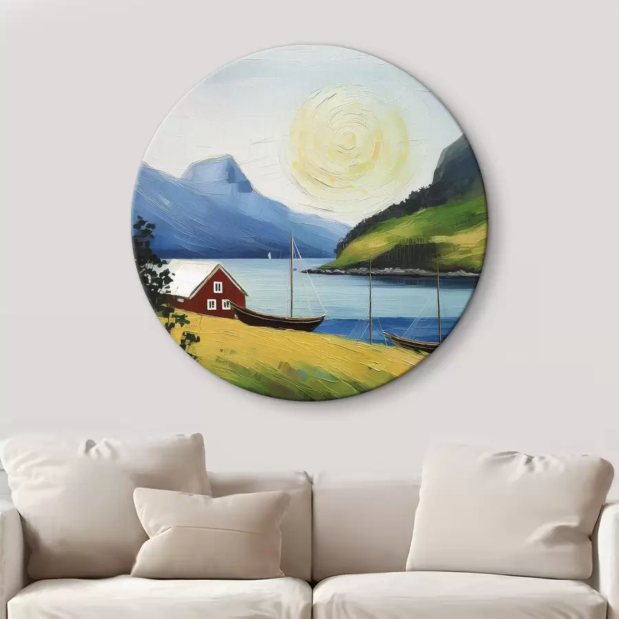 murales de pared Verano nórdico, casita en la costa del mar, sol en el cielo azul, montañas r39423