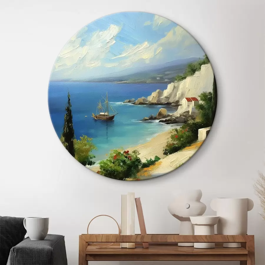 murales de pared Costa del mar de Grecia, barco, agua azul, pintura al óleo, naturaleza de verano, rocas, pinceladas vívidas r39425