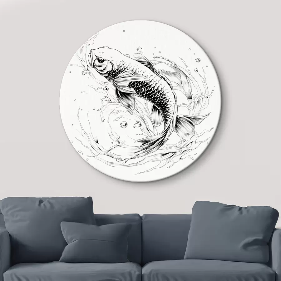 murales de pared Dibujo lineal monocromático de peces koi r39433