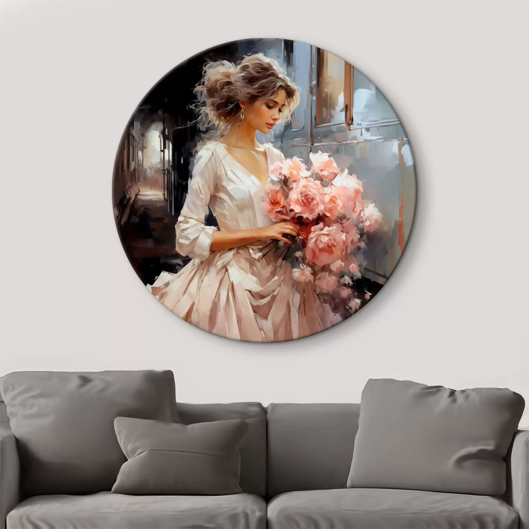 murales de pared Una chica con un vestido blanco en la estación sostiene un ramo de rosas rosadas en sus manos pintura al óleo r39438