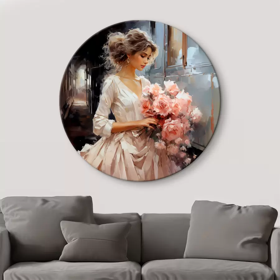 murales de pared Una chica con un vestido blanco en la estación sostiene un ramo de rosas rosadas en sus manos pintura al óleo r39438