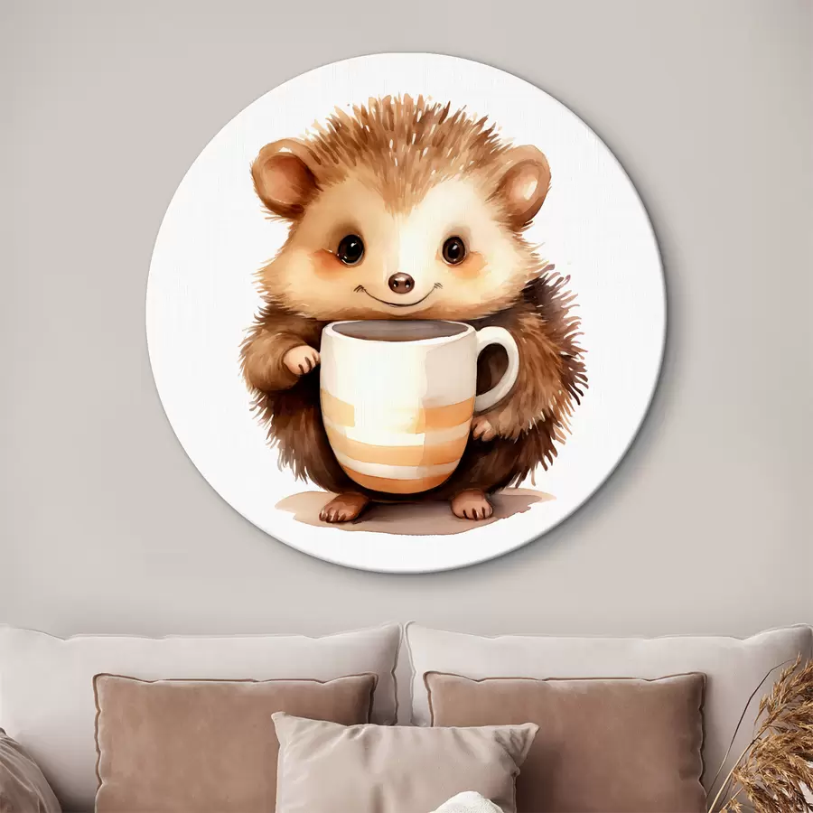 murales de pared Erizo sosteniendo una taza blanca en sus patas ilustración infantil acuarela r39440