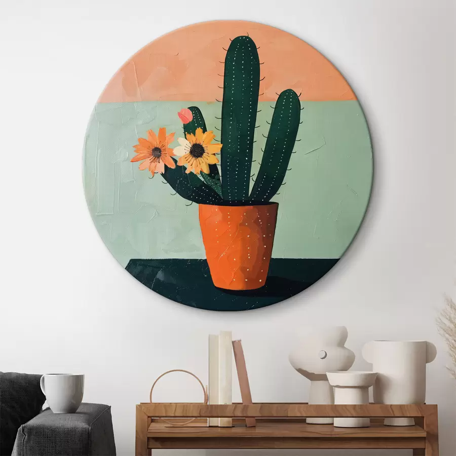 murales de pared Una pintura minimalista de un solo cactus con flores en una paleta de colores atrevidos r39452