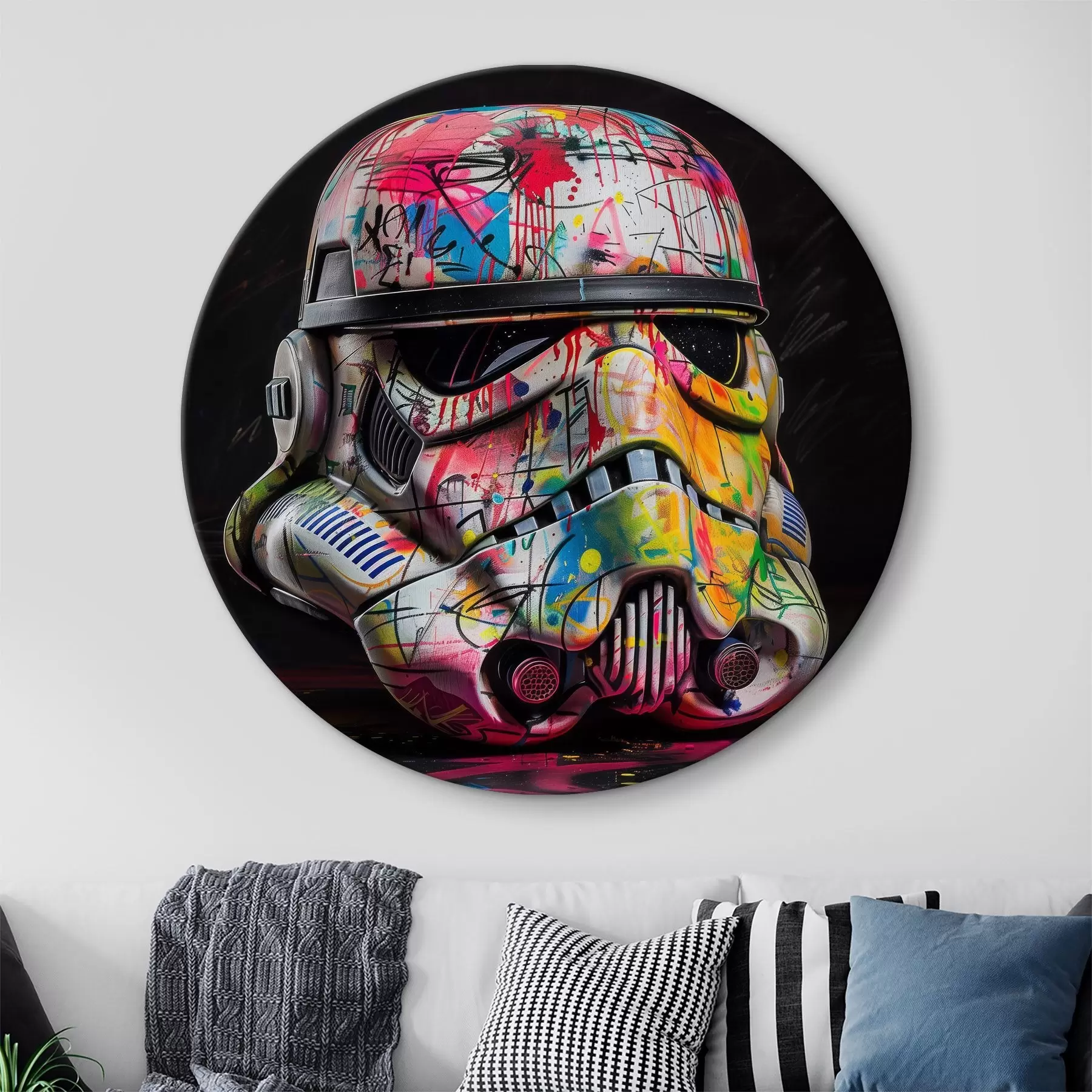 murales de pared Un casco de soldado de asalto de Star Wars cubierto de vibrantes arte callejero y graffiti r39453