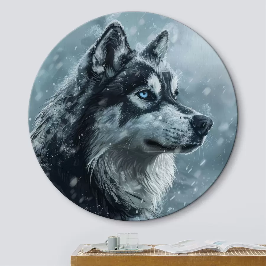 murales de pared Husky con ojos azules sobre fondo azul invernal r39462
