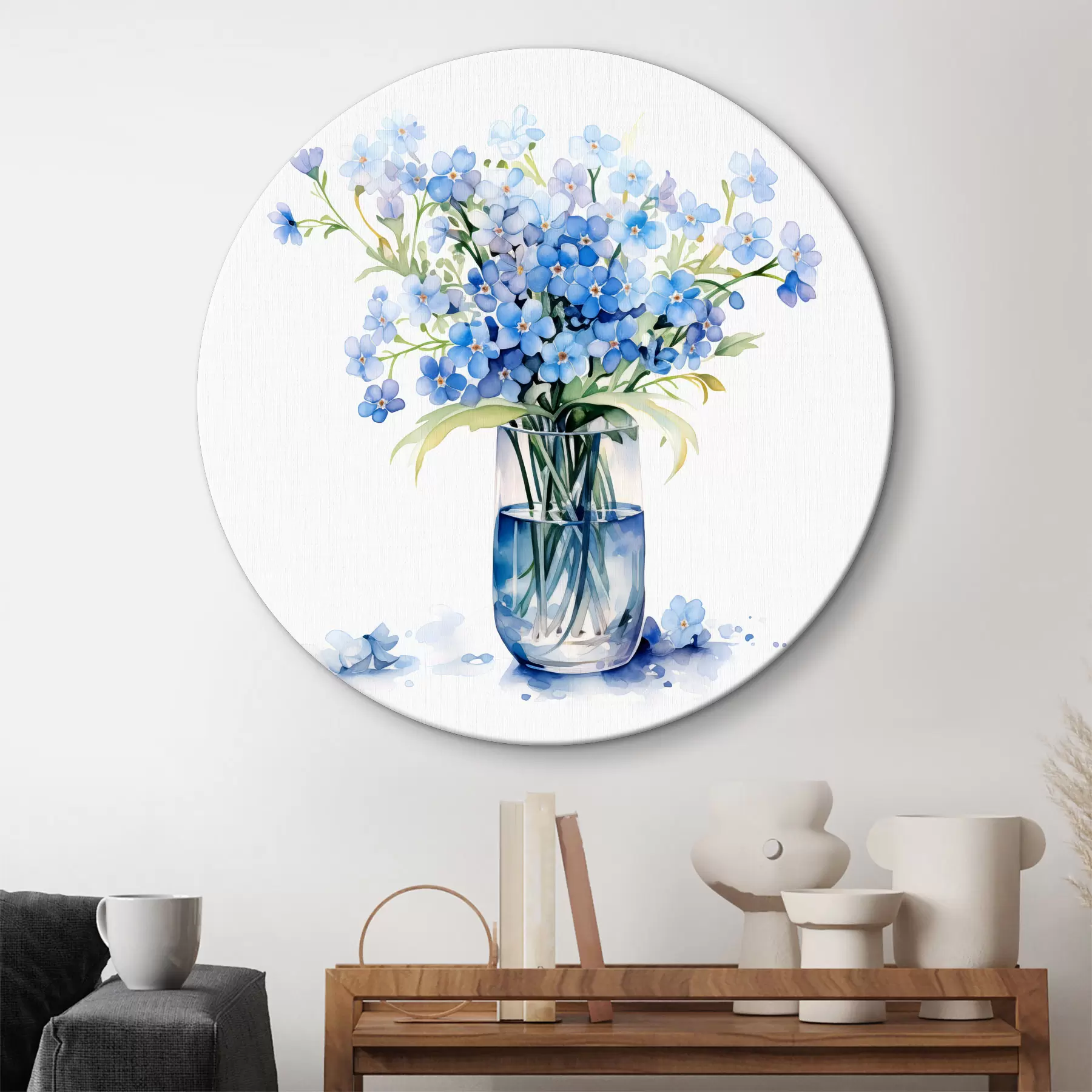 murales de pared Ramo de flores silvestres azules en un jarrón transparente acuarela r39564