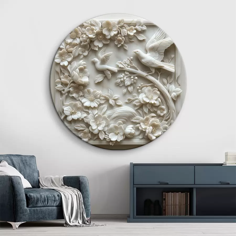 murales de pared Jardín de mármol blanco con bajorrelieve de pájaros y flores r39728