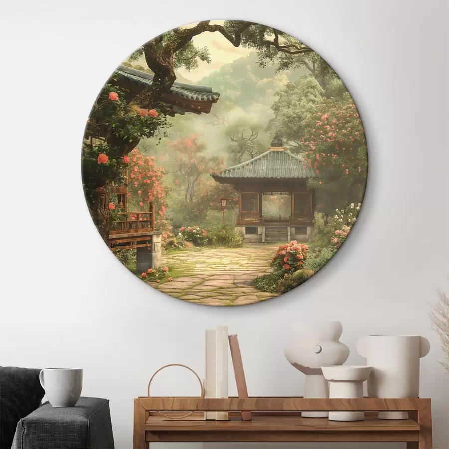 murales de pared Parque japonés con árboles y flores en flor, bosque, casa de madera r39773