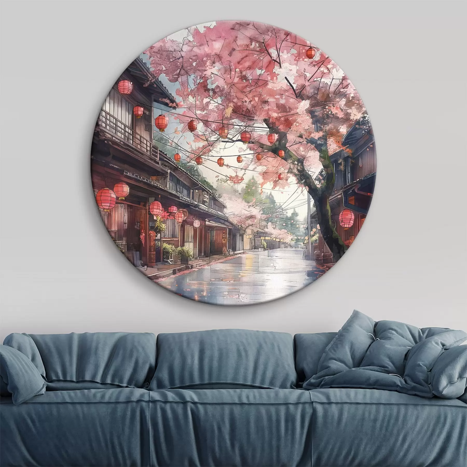 murales de pared Calle japonesa con cerezos en flor, arquitectura oriental, linternas r39774