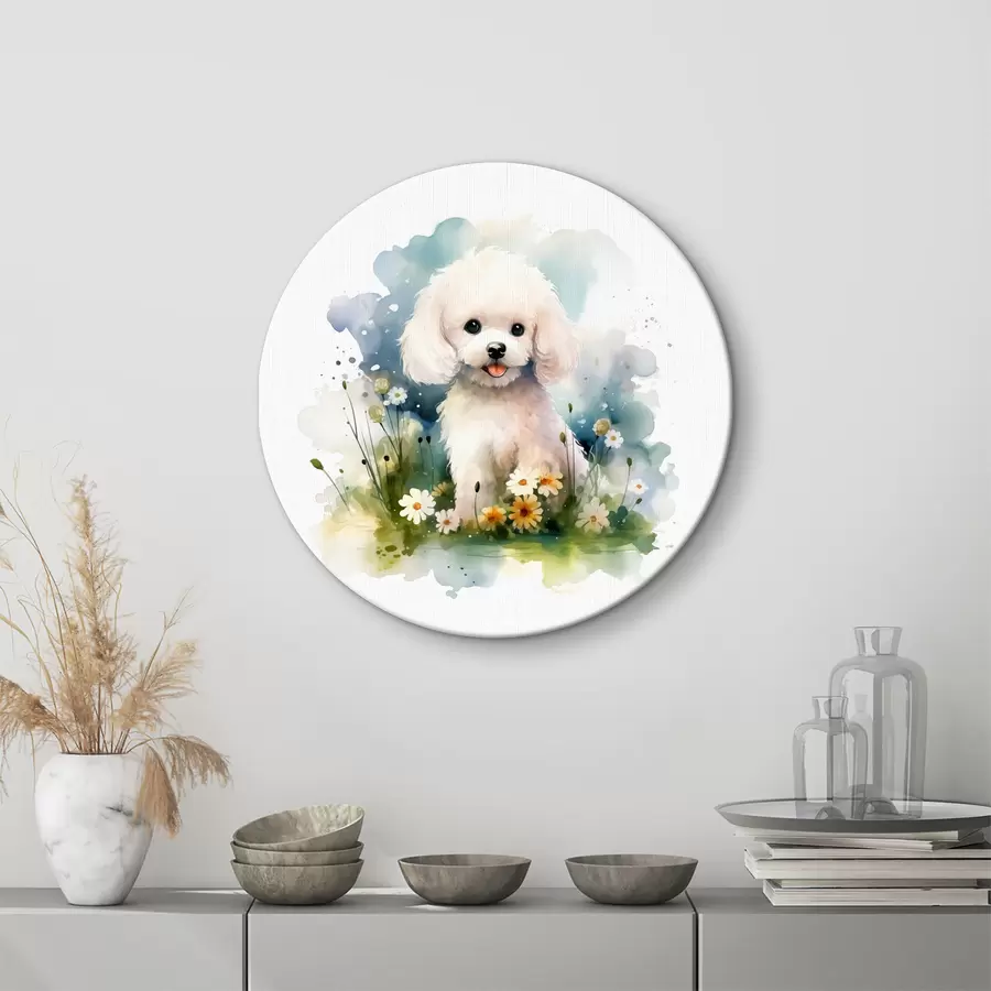 murales de pared Pequeño caniche blanco sentado en flores acuarela r39928