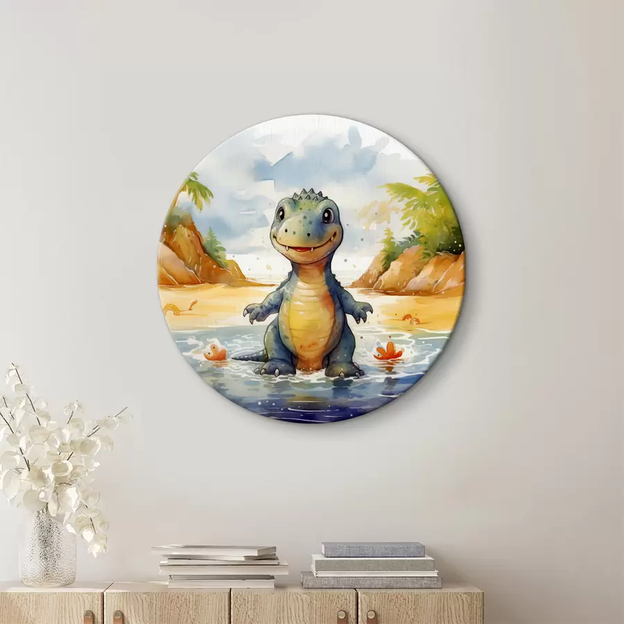 murales de pared Dinosaurio en el río con fondo de montañas y helechos acuarela r39930