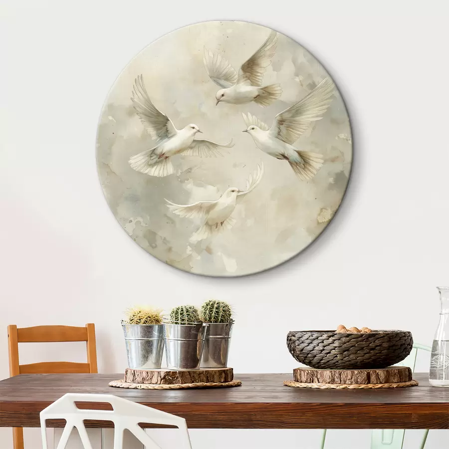 murales de pared Pájaros voladores de acuarela, colores beige y blanco suaves, palomas r39976