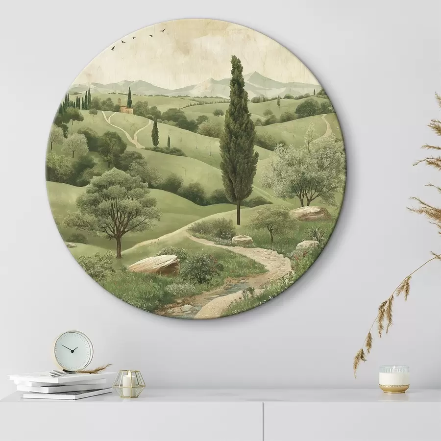 murales de pared Paisaje de la Toscana, estilo vintage, colores verde pastel, colinas y árboles r40075