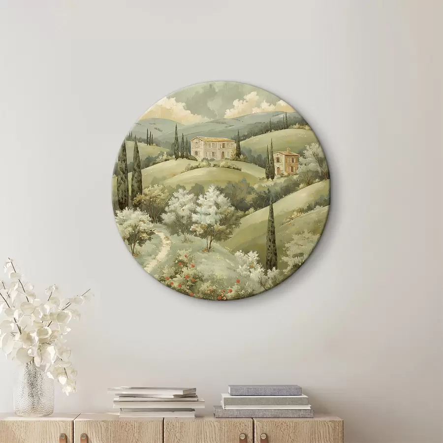 murales de pared Paisaje con casas vintage, colores verde pastel, dibujo acrílico, verano r40078