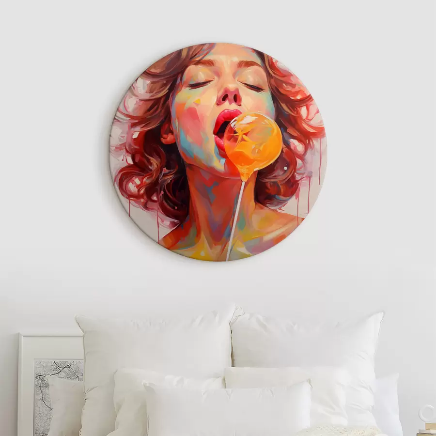 murales de pared Chica con cabello rizado en colores brillantes lame una piruleta r40213