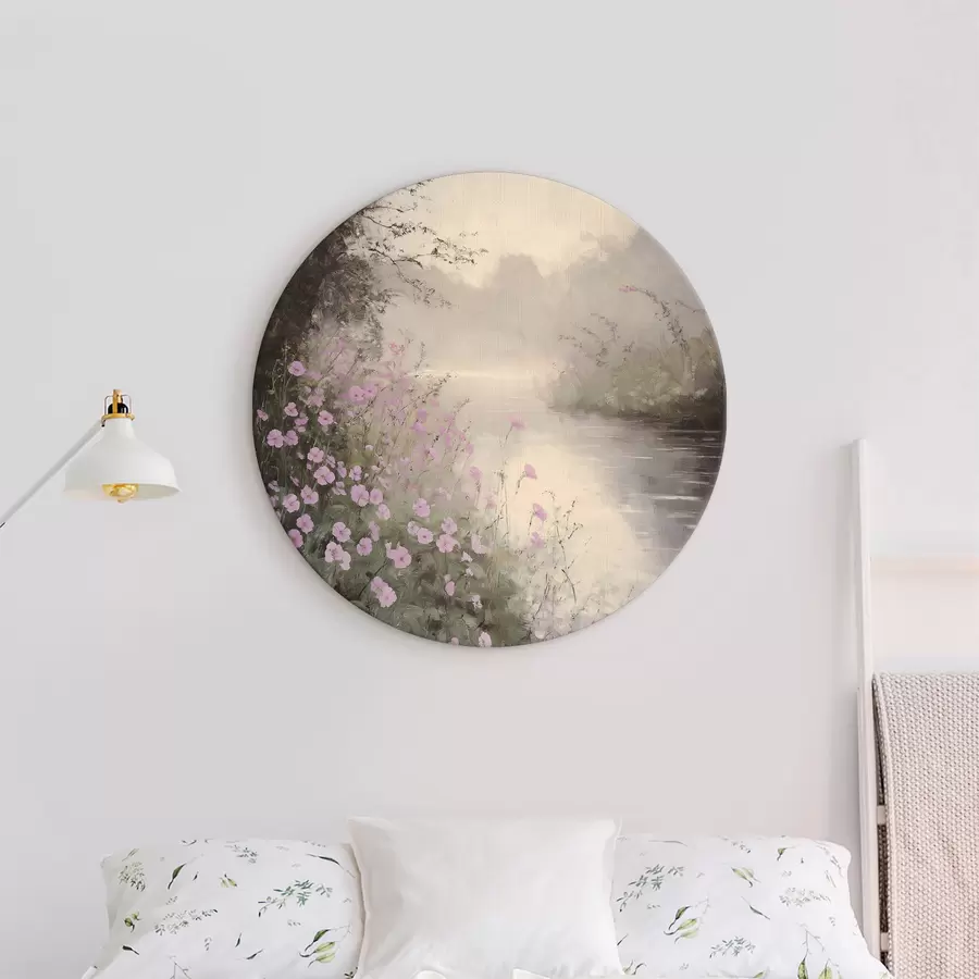 murales de pared Lago con flores rosas, amanecer, dibujo al óleo, colores beige pastel, niebla r40229