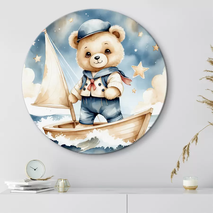 murales de pared Lindo oso de acuarela en un bote con estrellas en el cielo r40429