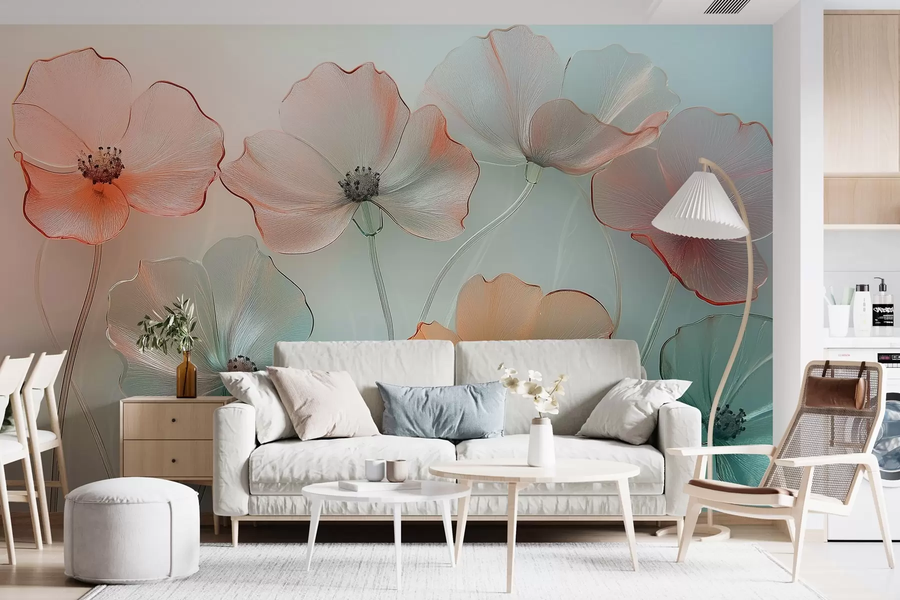 murales de pared flores de amapola imitación cristal en colores delicados w02519