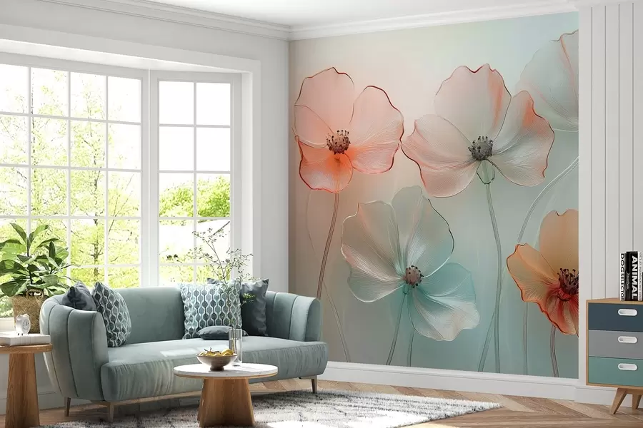 murales de pared flores de amapola imitación cristal en colores delicados w02519