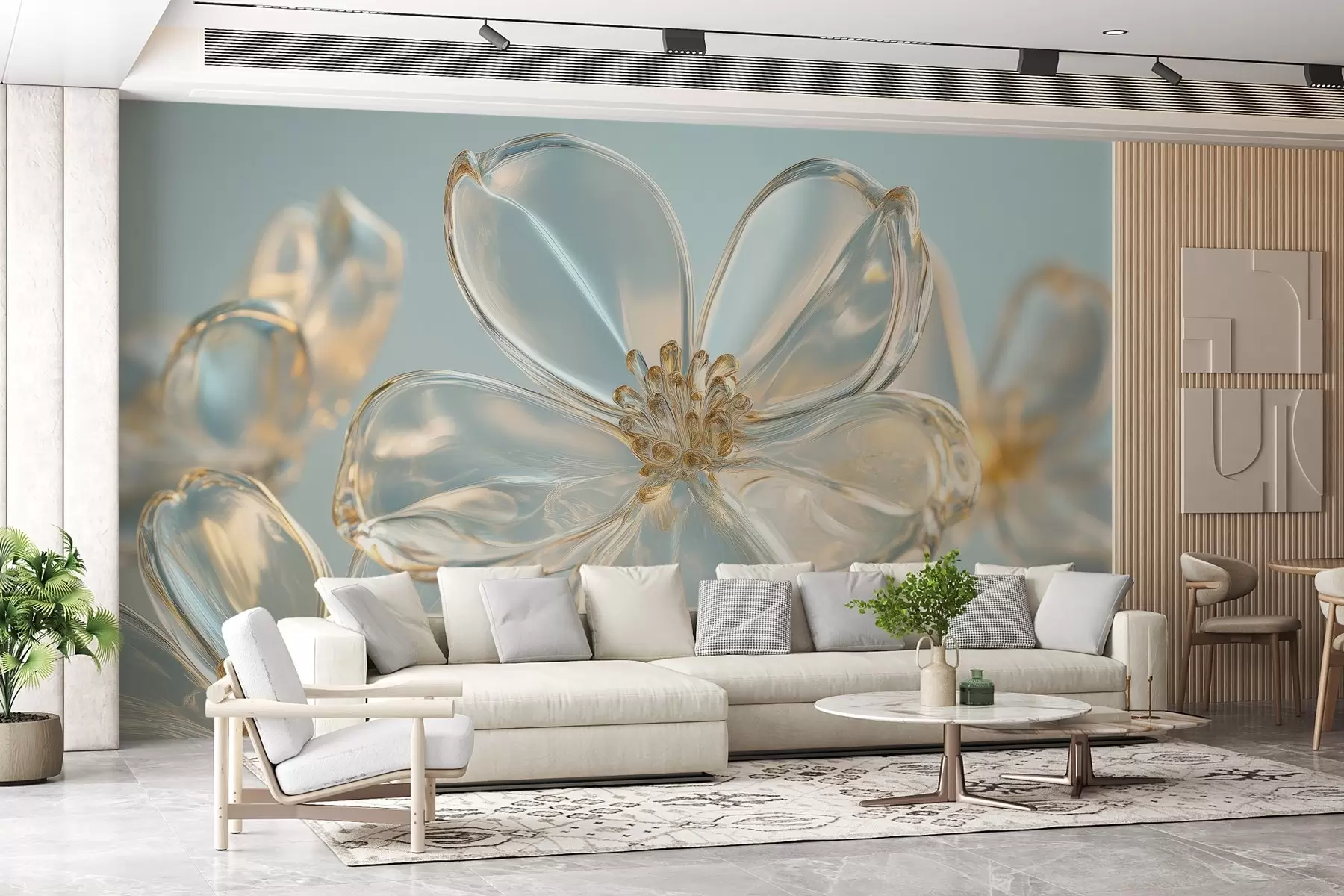murales de pared grandes flores de cristal en tonos azules w02521