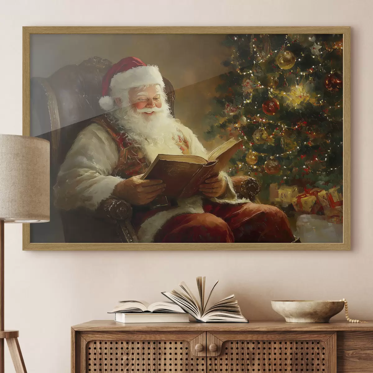 Poster Papá Noel está leyendo un libro cerca del árbol de Navidad f42100