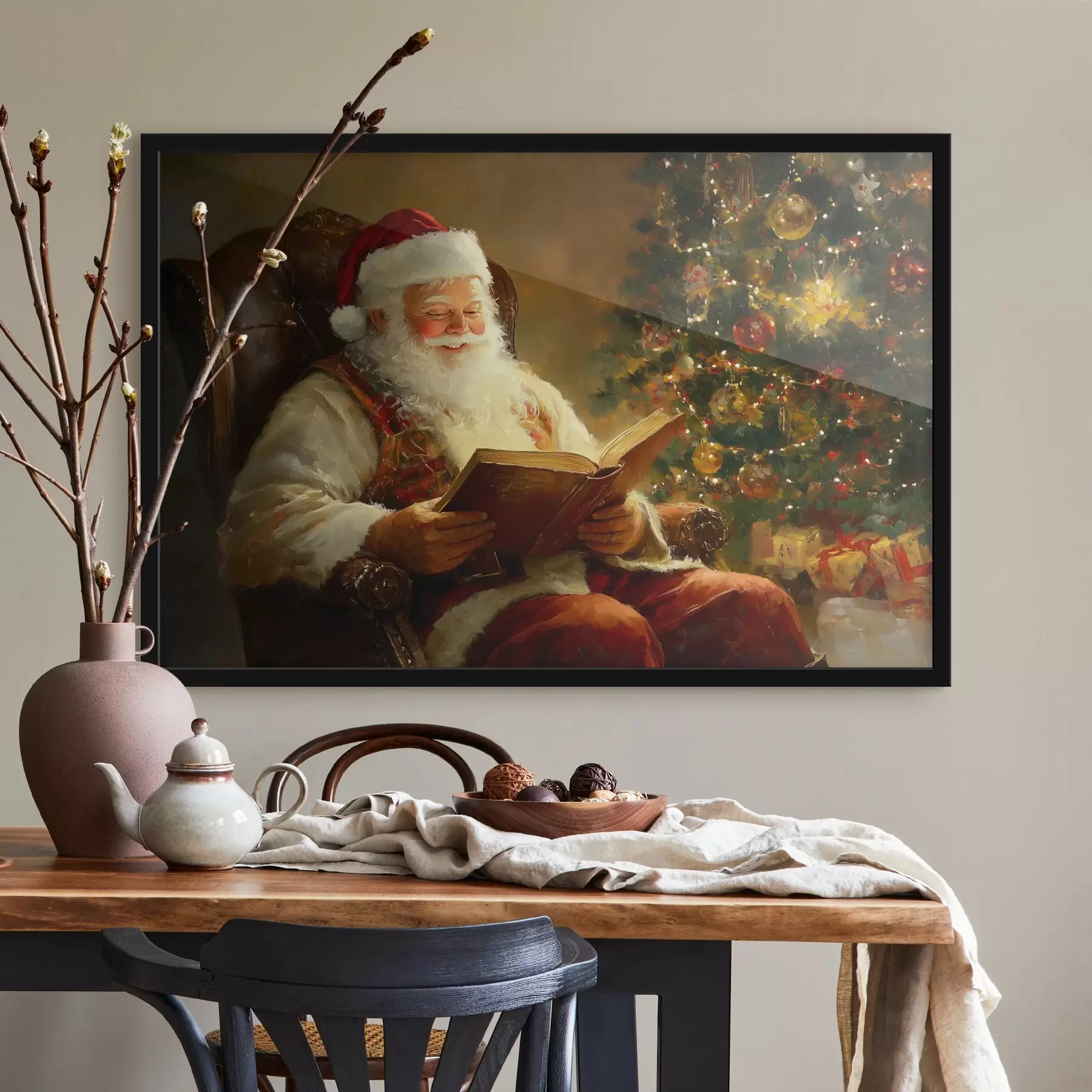 murales de pared Papá Noel está leyendo un libro cerca del árbol de Navidad f42100