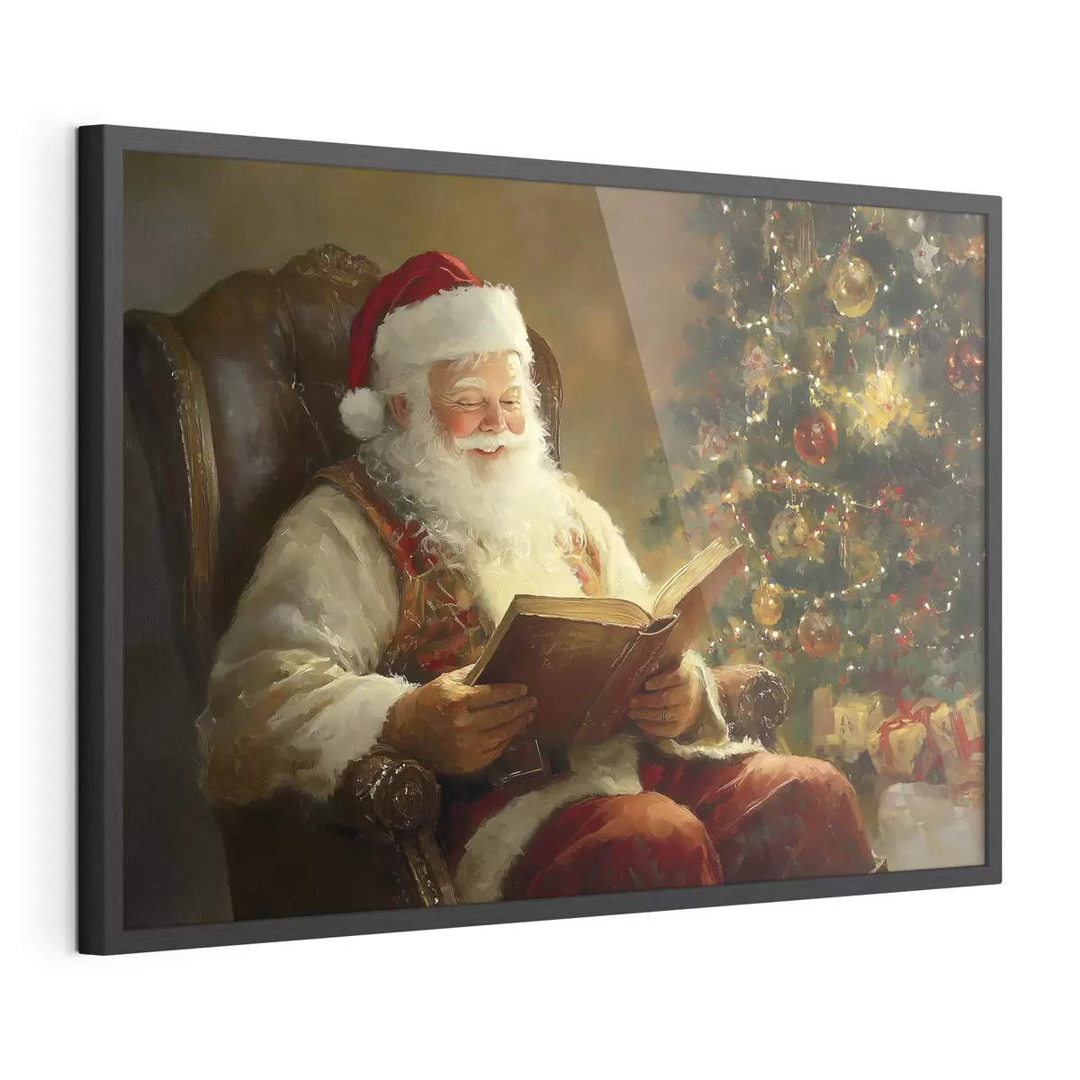 Poster Papá Noel está leyendo un libro cerca del árbol de Navidad f42100
