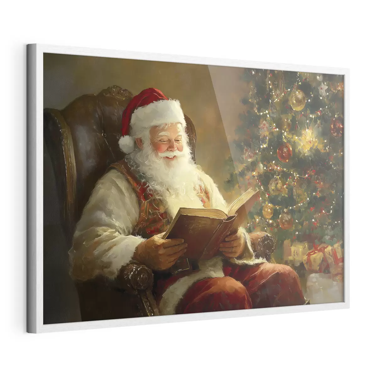 Poster Papá Noel está leyendo un libro cerca del árbol de Navidad f42100