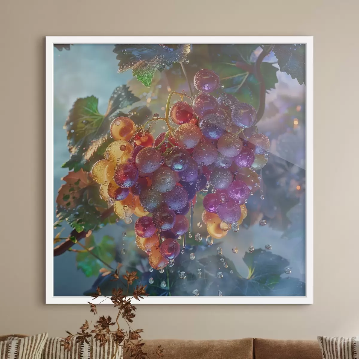 Poster Frutas, racimo de uvas en gotas de agua f42073