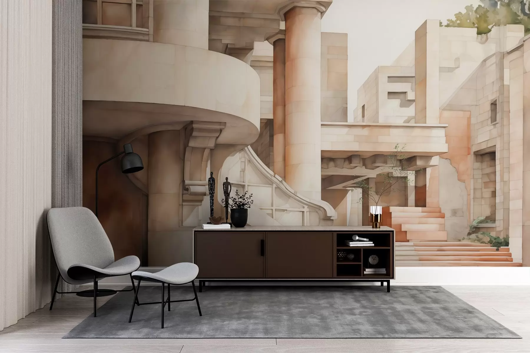 murales de pared Edificio con escalones y columnas imitación acuarela w02498