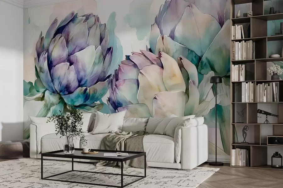 murales de pared Alcachofas estilo acuarela, flores, rosa y verde w02481v1