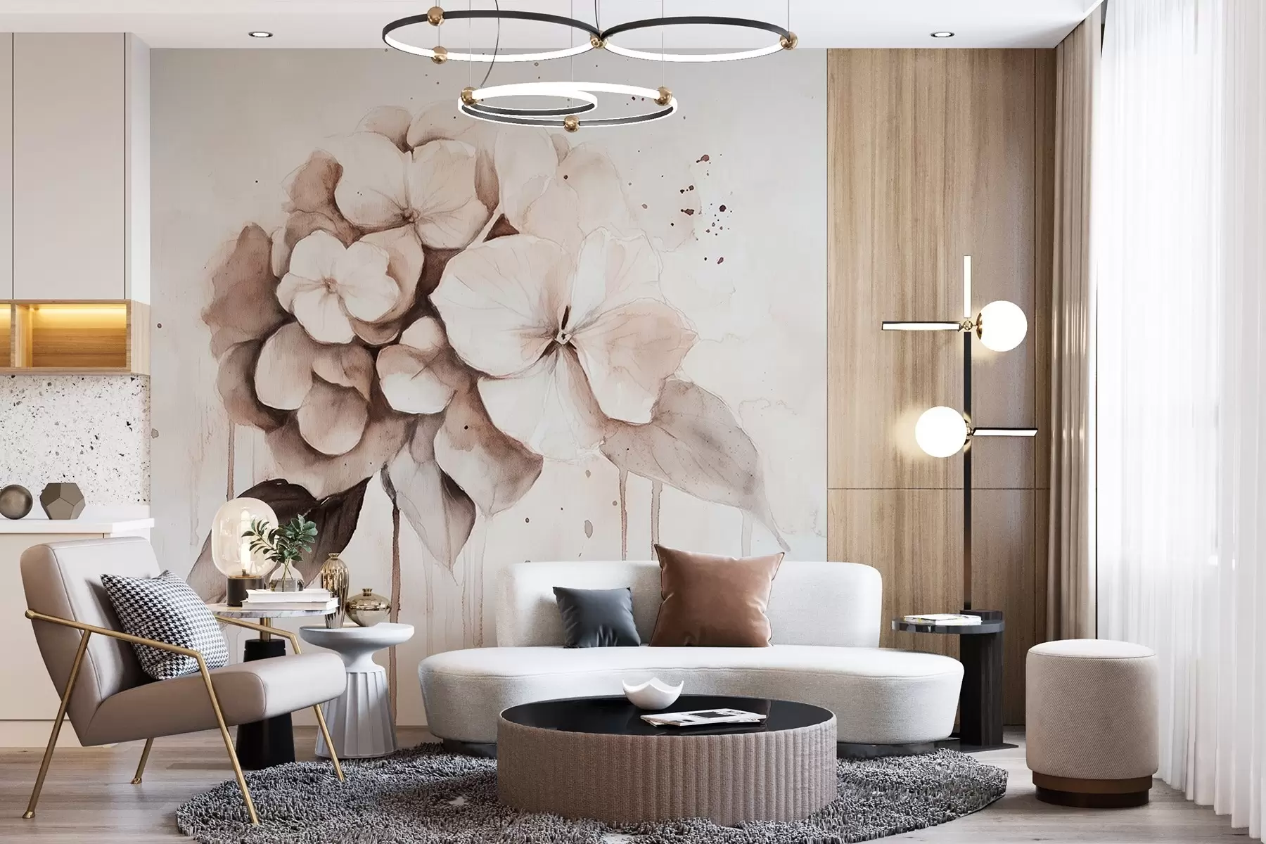 murales de pared Dibujo de hortensia, estilo acuarela, colores beige w02483