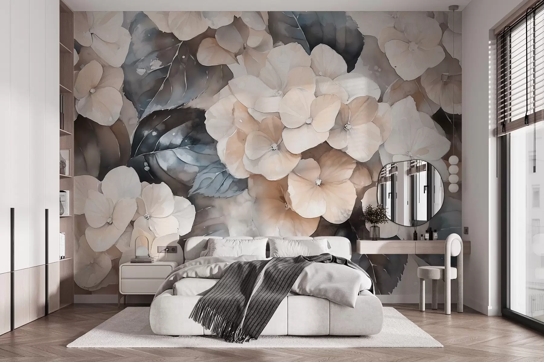 murales de pared Flores de hortensia, dibujo estilo acuarela, colores beige, floral w02488