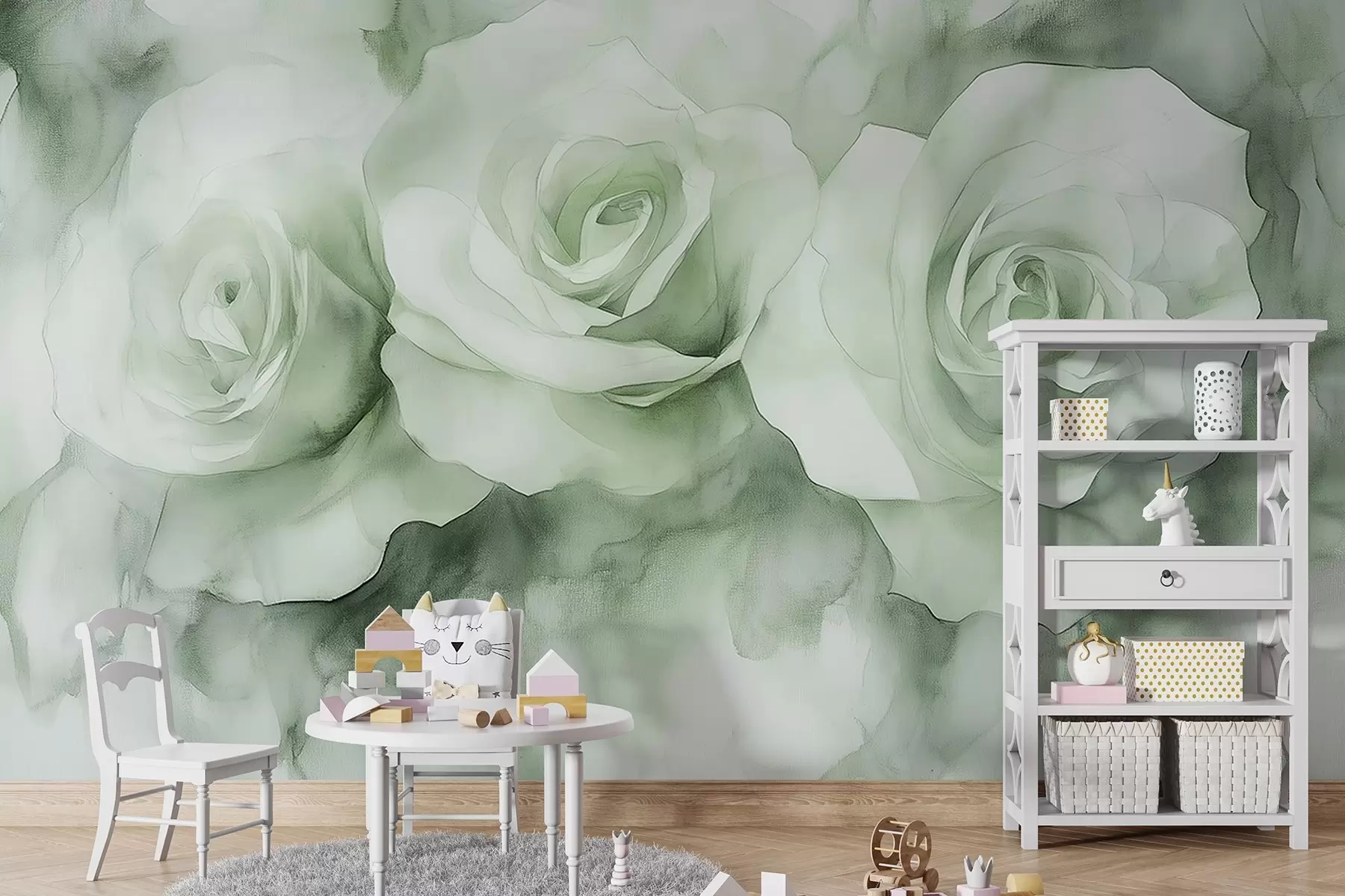 murales de pared Hermosas rosas, estilo acuarela, colores verdes, bohemio w02492v2