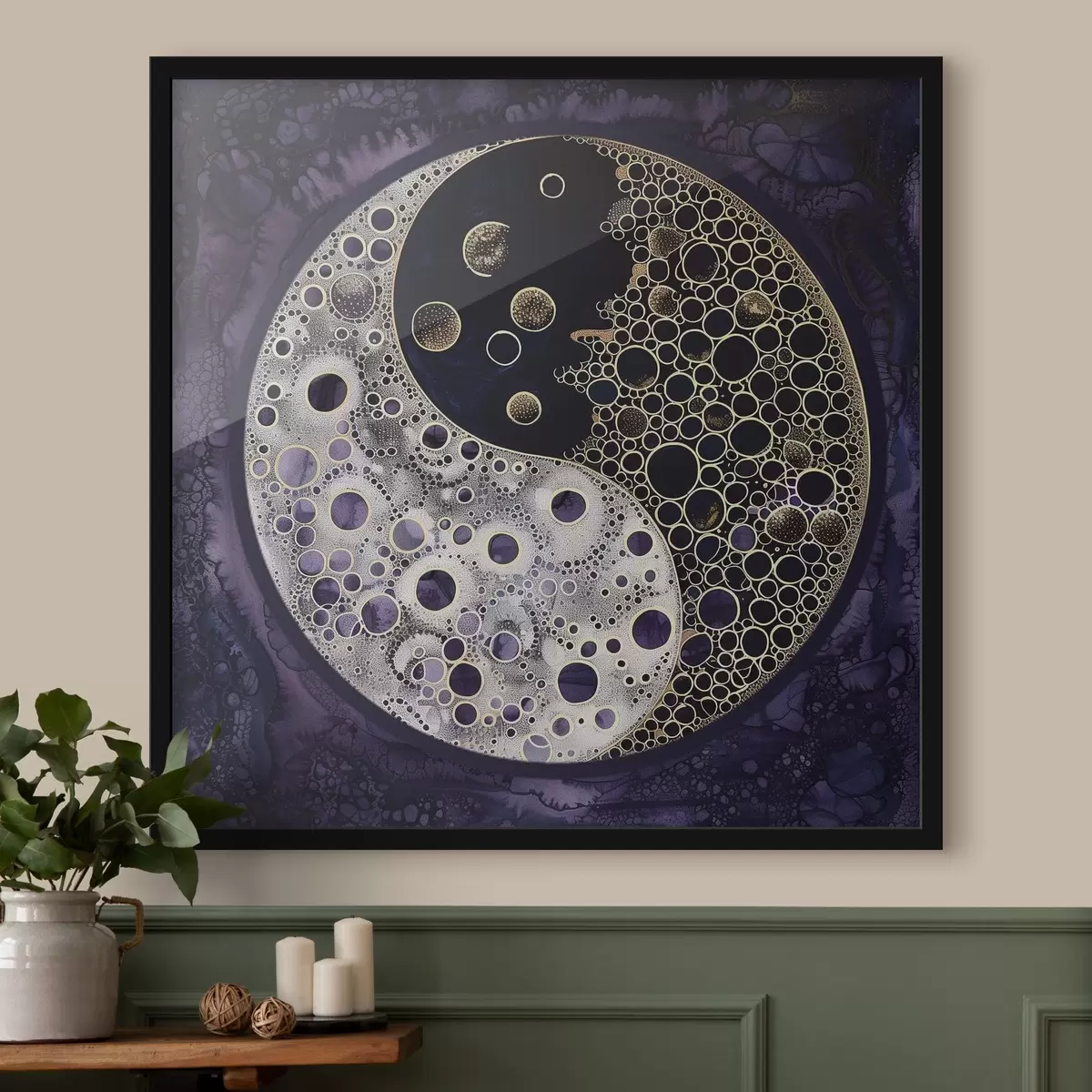 Poster Símbolo del yin y el yang sobre fondo morado f38535