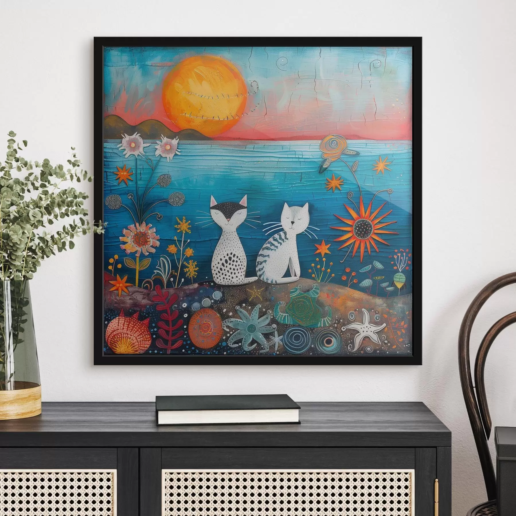 murales de pared Gatos juguetones junto al mar vibrante f39085