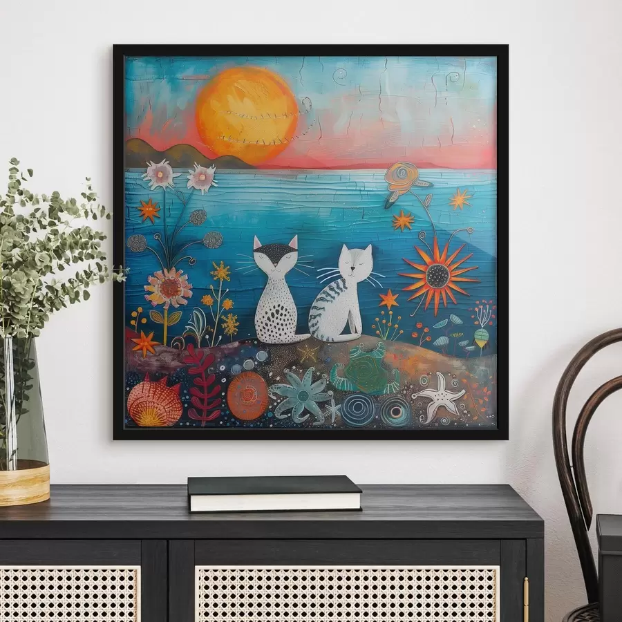 murales de pared Gatos juguetones junto al mar vibrante f39085