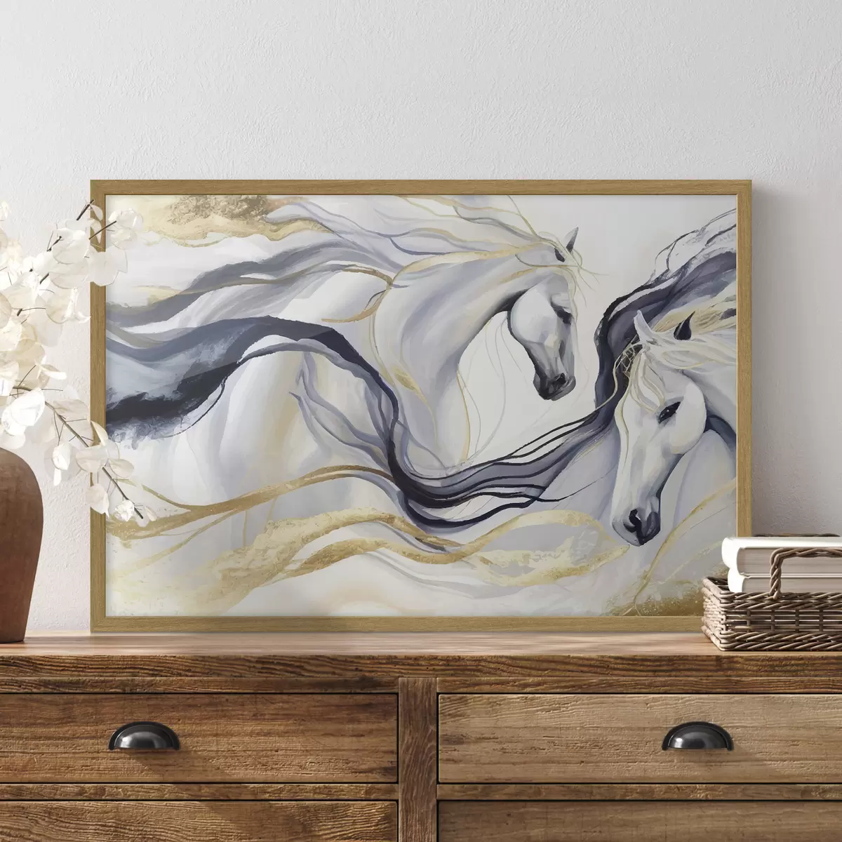 Poster Pareja de caballos abstractos con detalles dorados f36623