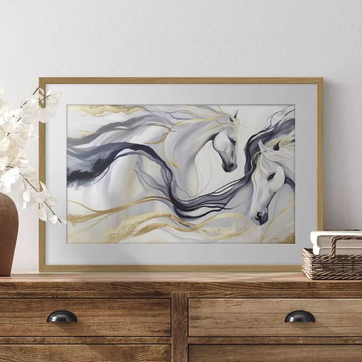 Poster Pareja de caballos abstractos con detalles dorados f36623