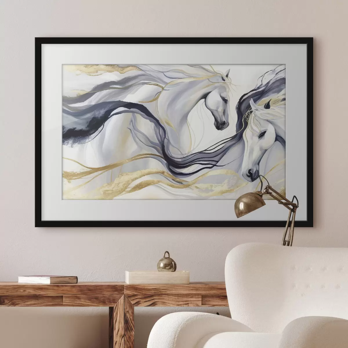 Poster Pareja de caballos abstractos con detalles dorados f36623