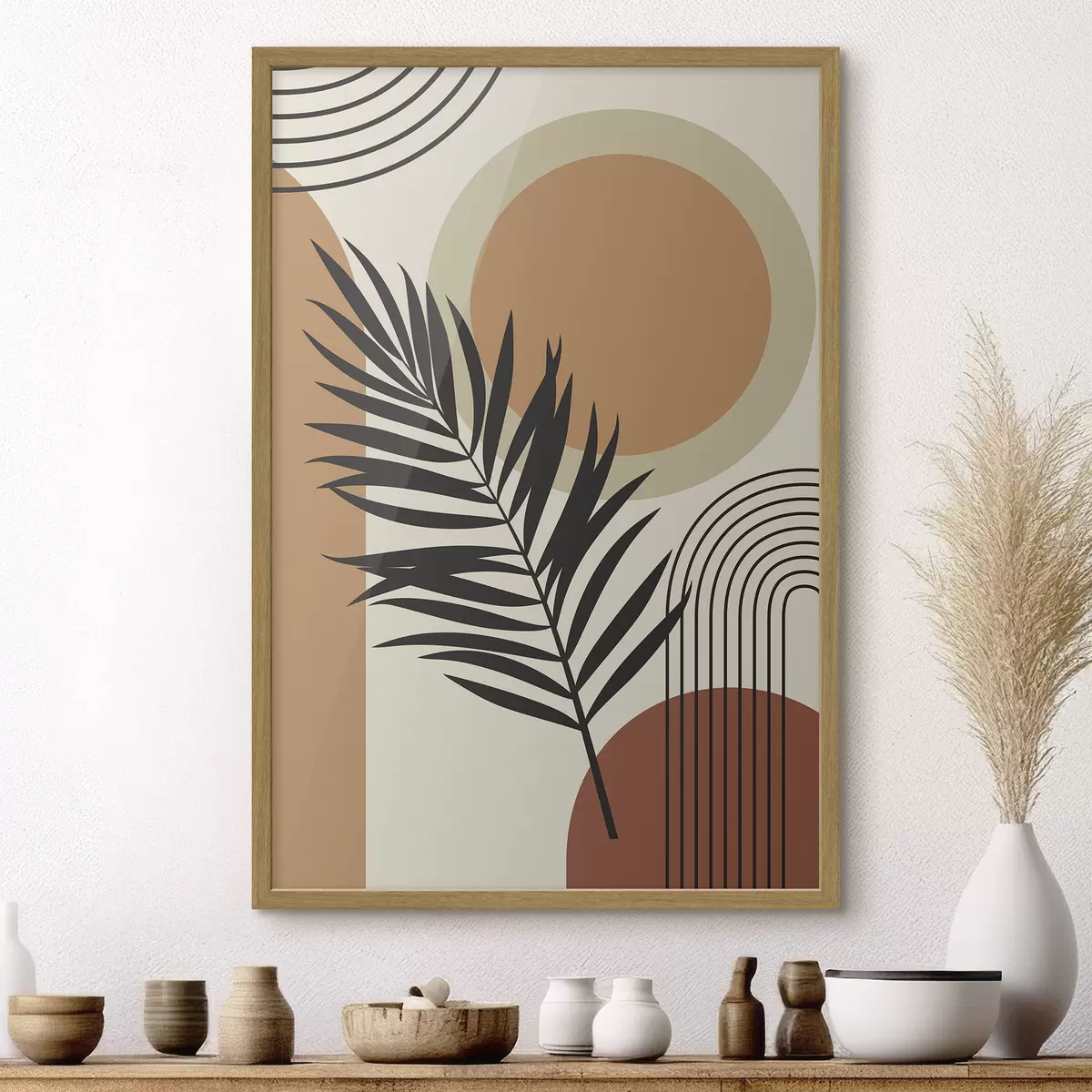 Poster Hoja de palmera sobre fondo geométrico f36170