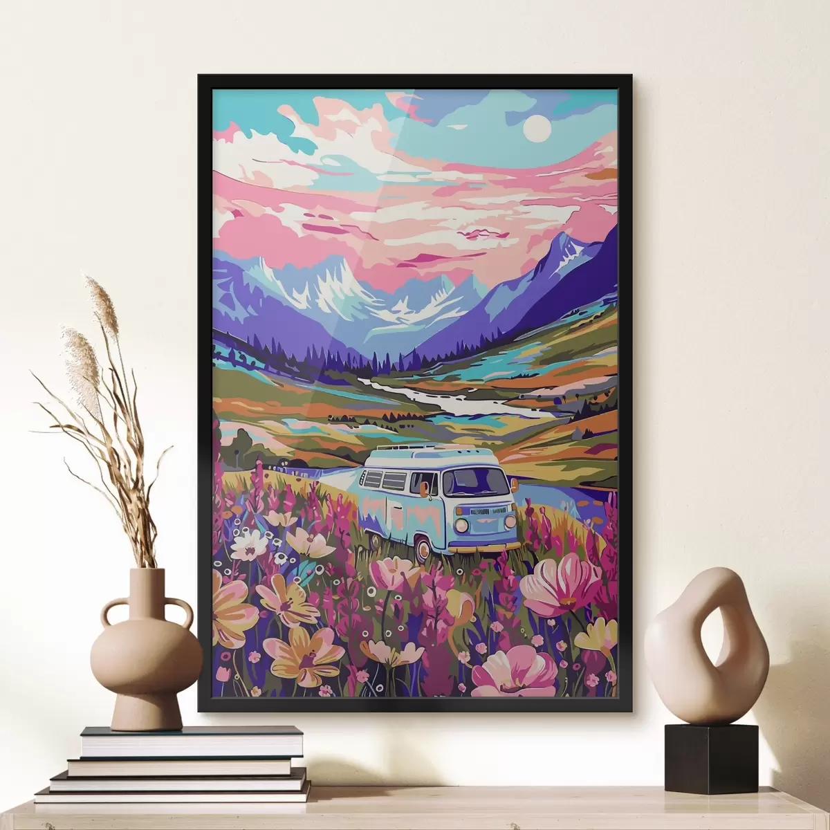 Poster Una furgoneta atraviesa un campo de flores f38260