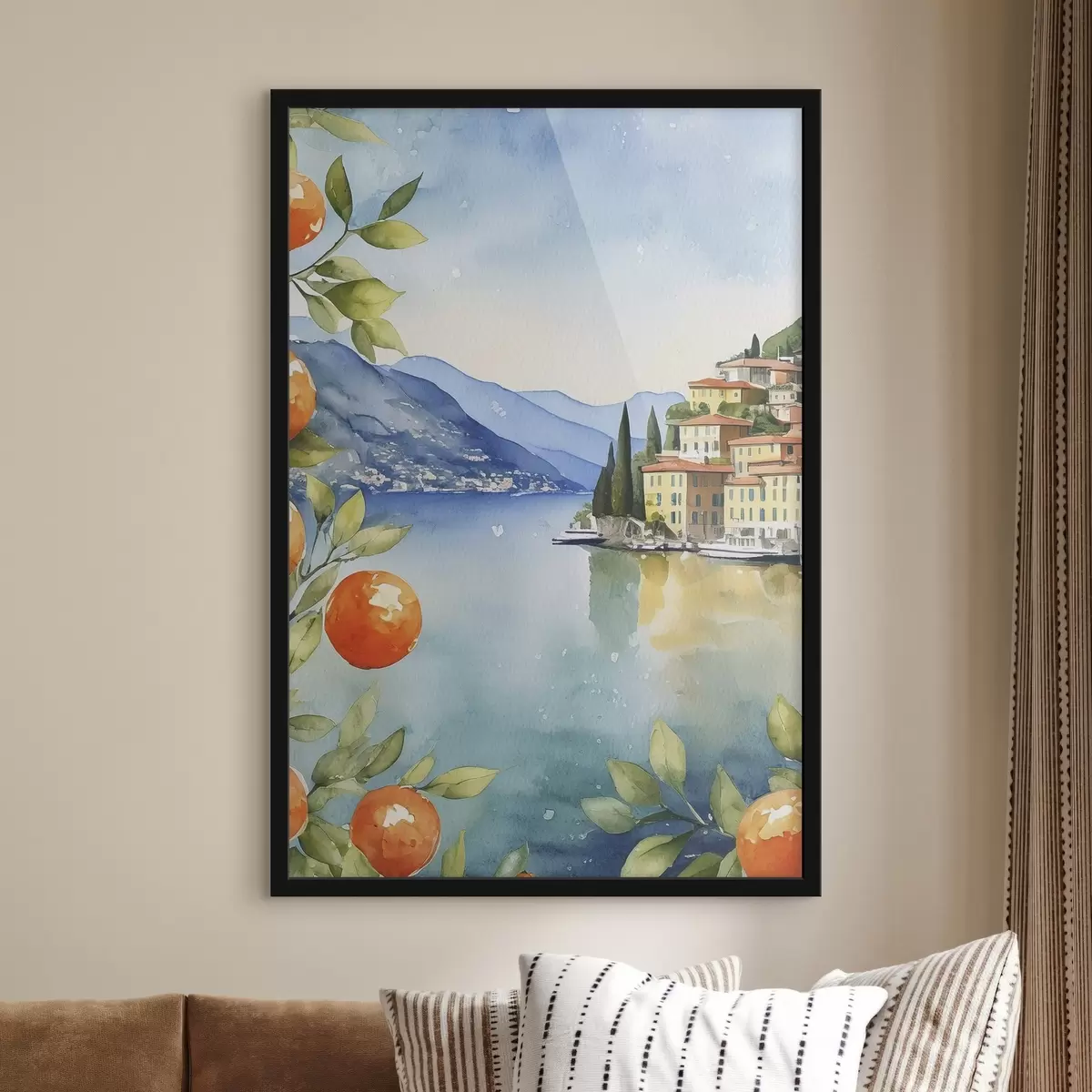 Poster Una acuarela que representa una ciudad al borde de un embalse f38402