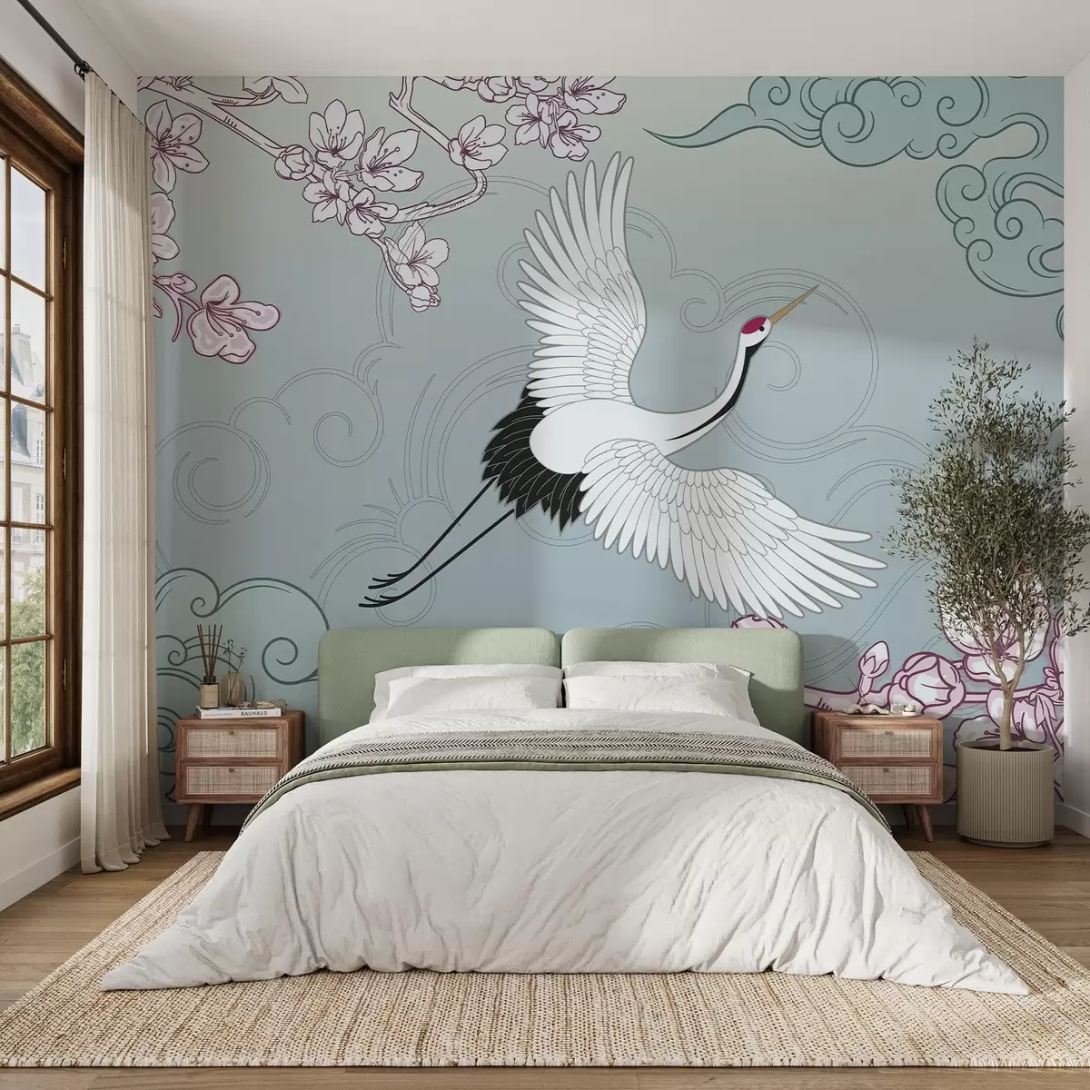 murales de pared Grulla, flores, nubes japonesas w02540