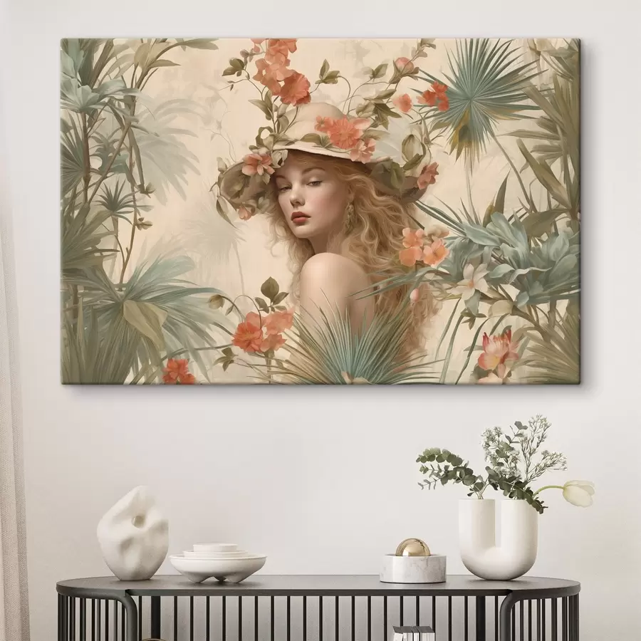 murales de pared Chica con sombrero en los trópicos estilo vintage s42115