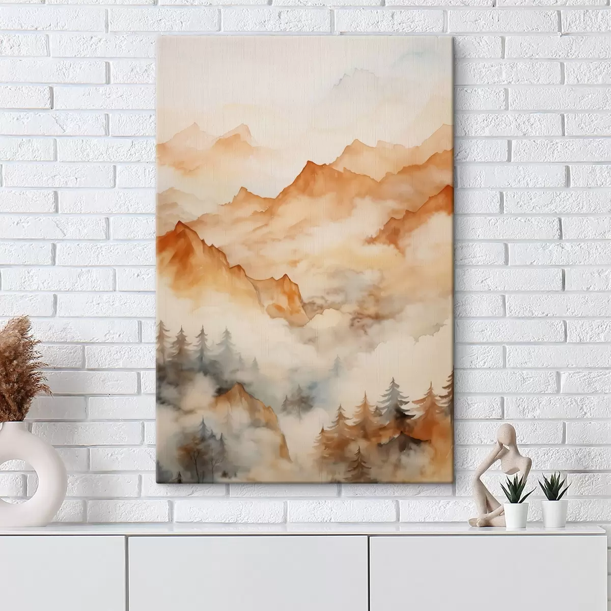 murales de pared Bosque y montañas imitación de acuarela, tonos anaranjados s42119